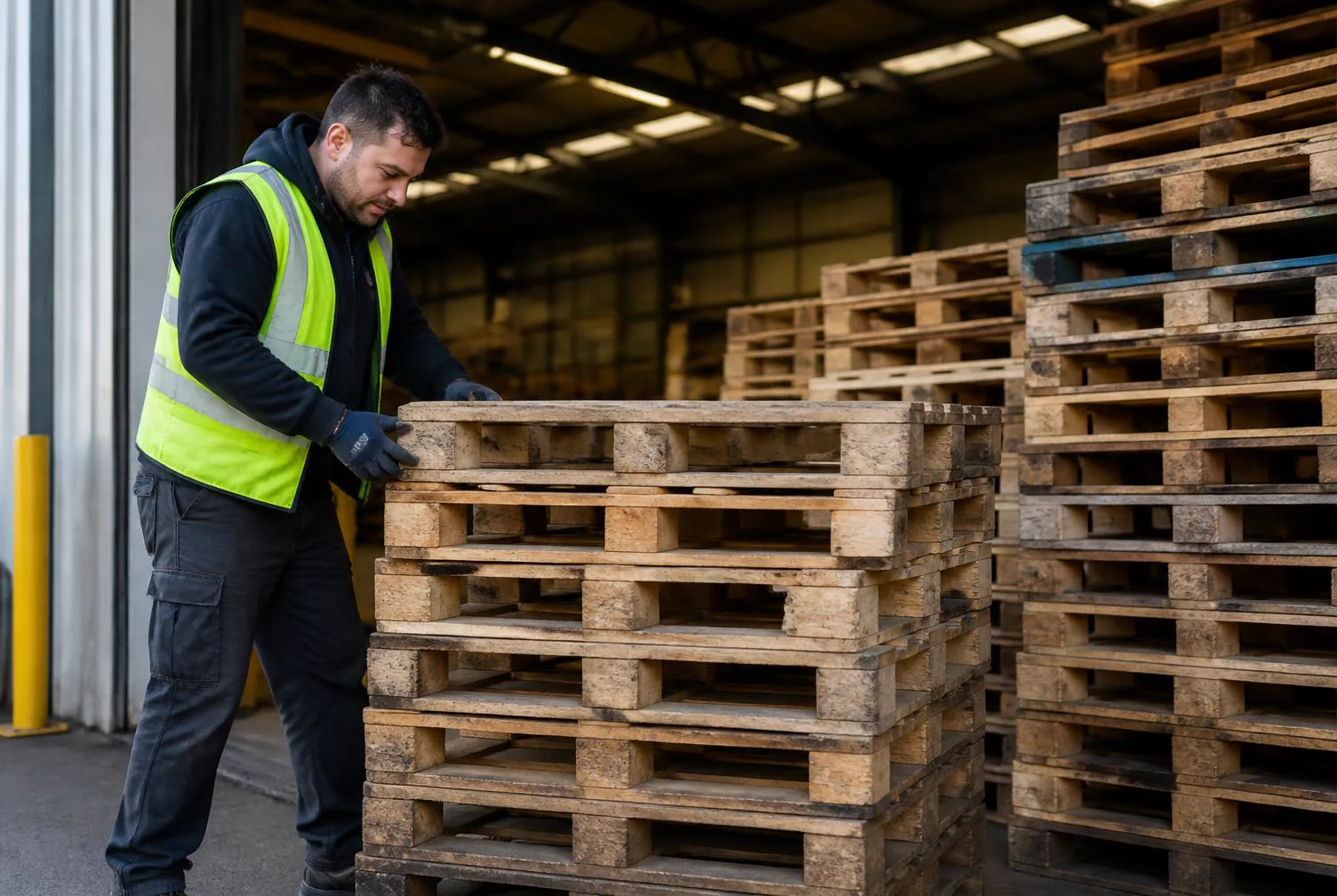 Person in a high-visibility vest beside stacks of wooden pallets in a warehouse