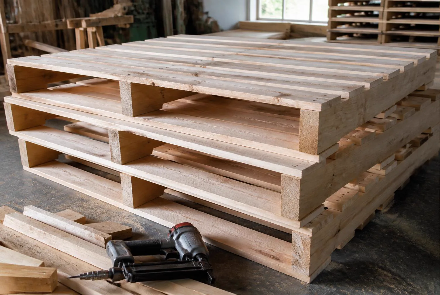 Newly manufactured pale timber pallets stacked in a pallet workshop