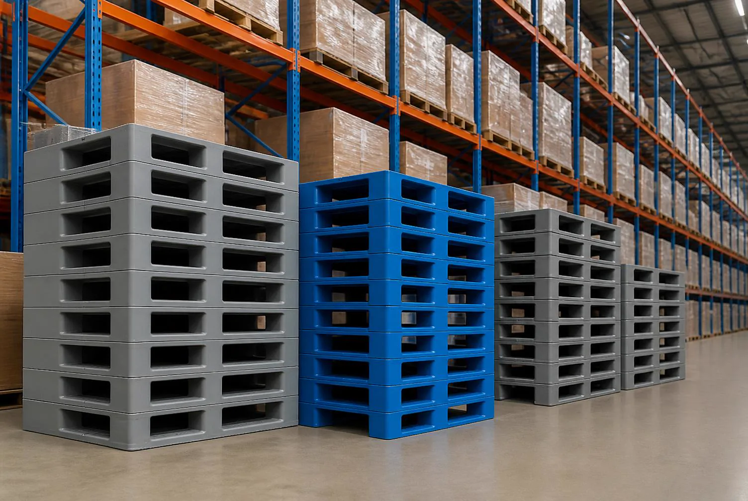 Stacks of clean black and grey heavy duty plastic pallets in a warehouse