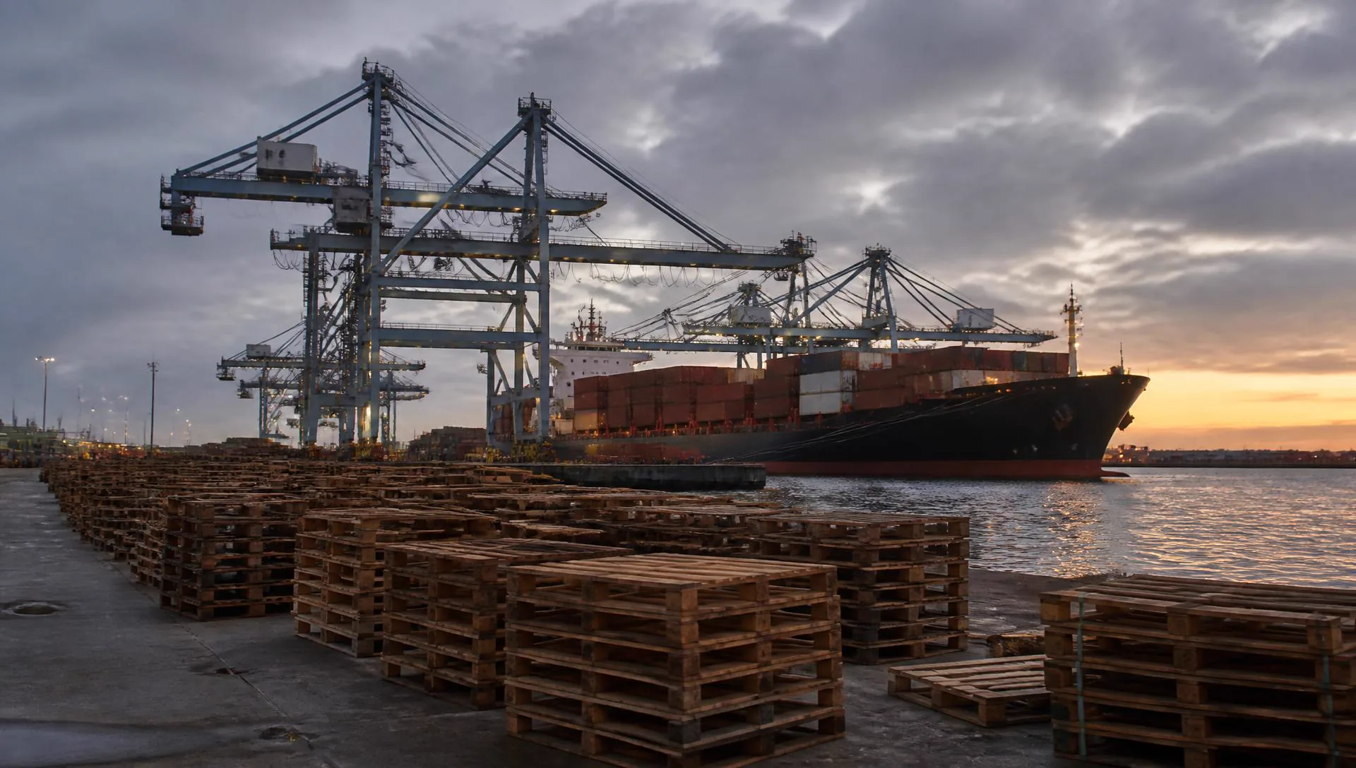 Container ship, gantry cranes and stacks of wooden pallets beside a quayside