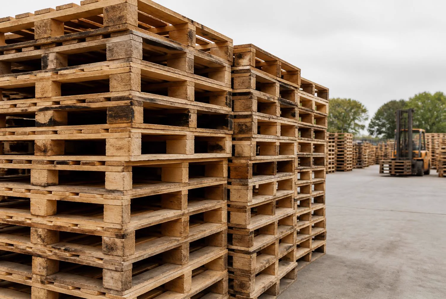 Stacks of wooden pallets arranged in rows in an outdoor yard
